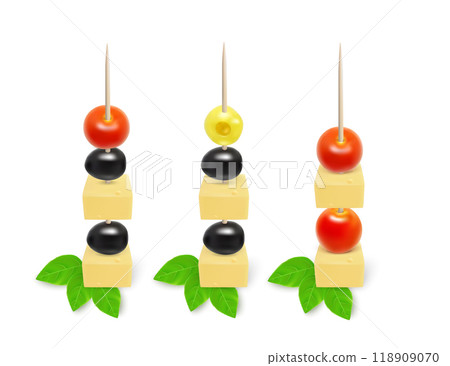 Appetizers on toothpick. Vegetarian canapes on skewers Appetizers on toothpick. Vegetarian canapes on skewers 118909070