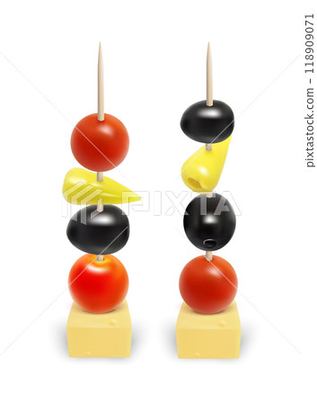 Appetizers on toothpick. Vegetarian canapes on skewers Appetizers on toothpick. Vegetarian canapes on skewers 118909071