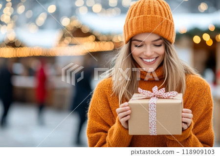 A woman in a cozy orange sweater and knit hat smiles while holding a beautifully wrapped Christmas gift 118909103
