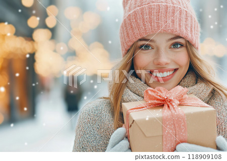 Young woman smiles joyfully while holding a gift box 118909108