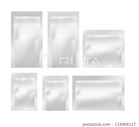 White empty plastic packaging. Foil or plastic sachet for food or medicines White empty plastic packaging. Foil or plastic sachet for food or medicines 118909137