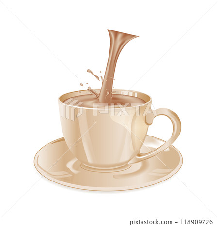 Brown glass coffee cup and saucer. Pouring coffee and milk Brown glass coffee cup and saucer. Pouring coffee and milk 118909726