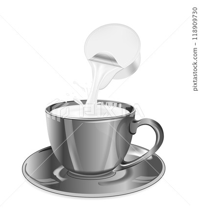 Single serve cup for dairy creamer. Black glass coffee cup and saucer 118909730