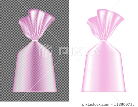 Transparent pink blank foil or paper packaging. Sachet for bread, coffee, sweets, cookies and gift 118909733