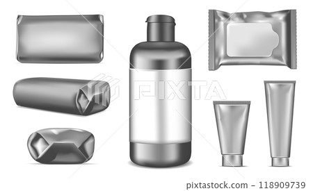 Big set. Black empty plastic packaging for fashion, cosmetics, hygiene. Blank foil sachet Big set. Black empty plastic packaging for fashion, cosmetics, hygiene. Blank foil sachet 118909739