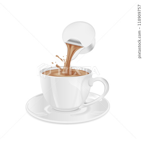 Single serve cup for dairy creamer. Glass coffee cup and saucer 118909757