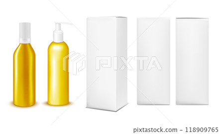 Plastic or metal gold bottle with cap and with pump dispenser.. Vertical paper box 118909765
