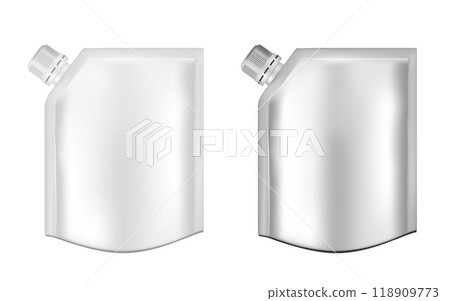 White empty plastic packaging with cap. Blank foil sachet for food or drink White empty plastic packaging with cap. Blank foil sachet for food or drink 118909773