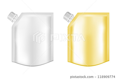 White empty plastic packaging with cap. Blank foil sachet for food or drink White empty plastic packaging with cap. Blank foil sachet for food or drink 118909774