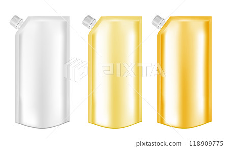 White empty plastic packaging with cap. Blank foil sachet for food or drink 118909775