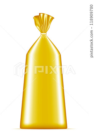 Gold blank foil or paper packaging. Sachet for bread, coffee, sweets, cookies and gift Gold blank foil or paper packaging. Sachet for bread, coffee, sweets, cookies and gift 118909780