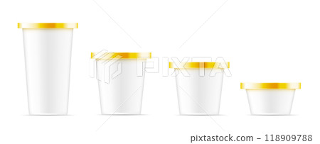 White container with gold metal cap for ice cream, food or cosmetic White container with gold metal cap for ice cream, food or cosmetic 118909788