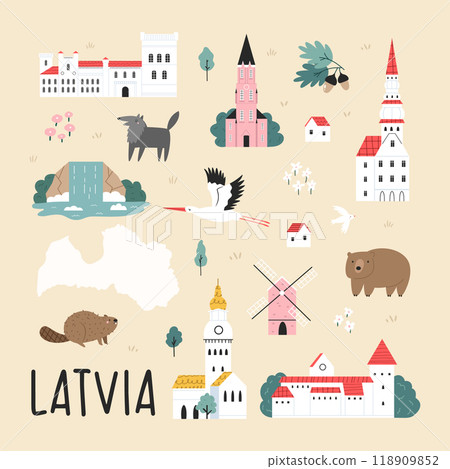 Decorative poster with hand drawn landmarks, symbols of Latvia Decorative poster with hand drawn landmarks, symbols of Latvia 118909852