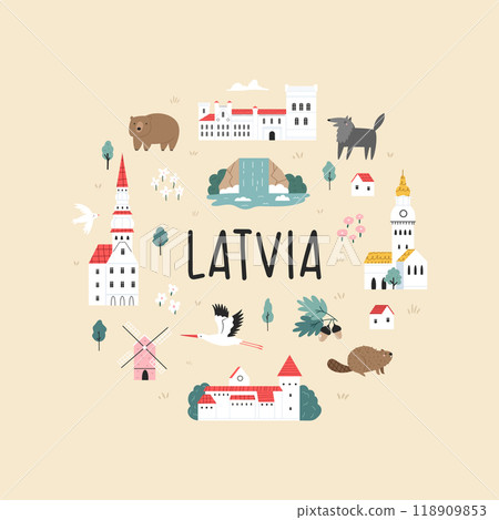 Decorative poster with hand drawn landmarks, symbols of Latvia 118909853