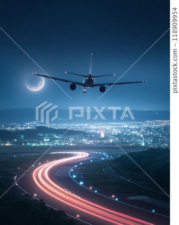 Night sky after the plane takes off 118909954