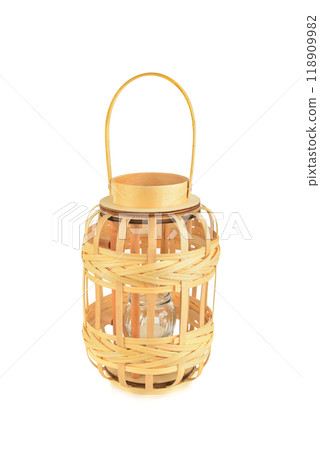 Hand lantern woven from wicker with candle isolated on white. 118909982