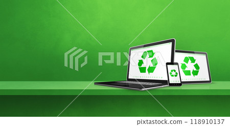 Laptop, tablet PC and smartphone on a shelf with a recycle symbol on screen. environmental conservation concept 118910137