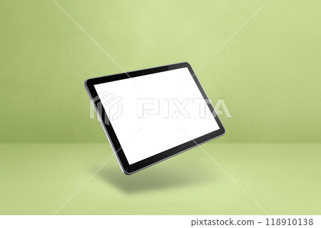 Floating tablet pc computer isolated on green. Horizontal background 118910138