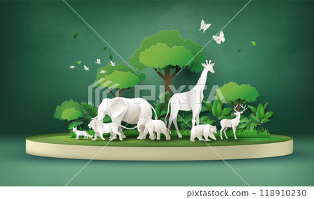 Wildlife Safari Scene in Paper Cut Art 118910230