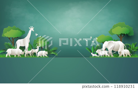Wildlife Safari Scene in Paper Cut Art 118910231