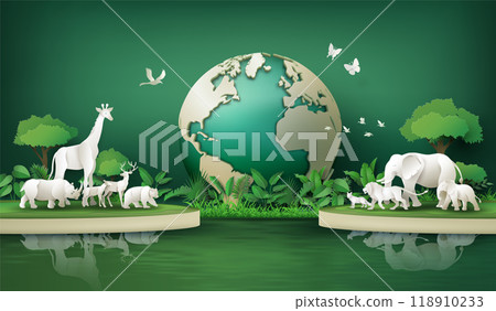 Wildlife Safari Scene in Paper Cut Art Wildlife Safari Scene in Paper Cut Art 118910233