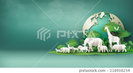 Wildlife Safari Scene in Paper Cut Art 118910234