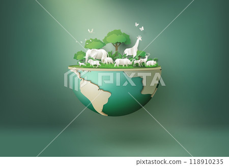 Wildlife Safari Scene in Paper Cut Art 118910235