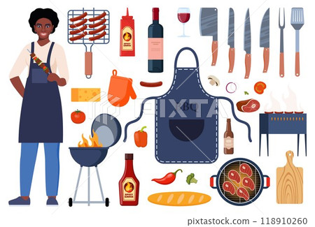 Barbecue equipment, outdoor BBQ picnic elements. Grilled sausages, meat, vegetables, drinks, and food for the summer grill party. Cooking tools and meat. Vector illustration. 118910260
