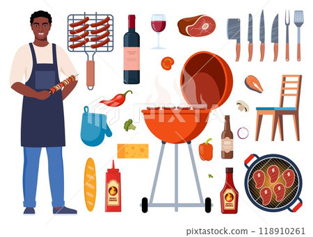Barbecue equipment, outdoor BBQ picnic elements. Grilled sausages, meat, vegetables, drinks, and food for the summer grill party. Cooking tools and meat. Vector illustration. 118910261