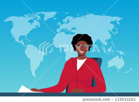 Beautiful young tv newscaster african woman reporting tv news sitting in a studio. World map on background. Vector illustration. 118910262