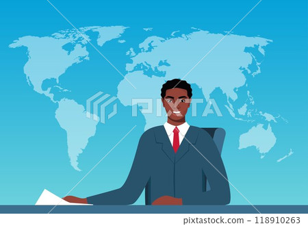 Young tv newscaster black man reporting tv news sitting in a studio. World map on background. Vector illustration. 118910263