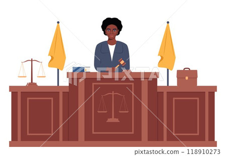 Judge with hammer. African American Woman in black robe with gavel. Jurisprudence, justice and law. Legal and sentencing. Judgement concept. Vector illustration. Judge with hammer. African American Woman in black robe with gavel. Jurisprudence, justice and law. Legal and sentencing. Judgement concept. Vector illustration. 118910273