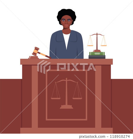 Judge with hammer. African American Woman in black robe with gavel. Jurisprudence, justice and law. Legal and sentencing. Judgement concept. Vector illustration. Judge with hammer. African American Woman in black robe with gavel. Jurisprudence, justice and law. Legal and sentencing. Judgement concept. Vector illustration. 118910274