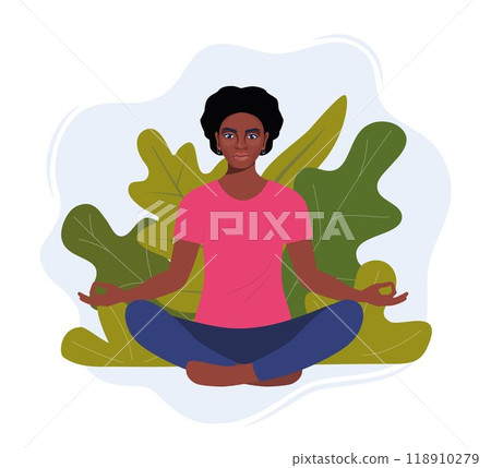Young African American woman sitting cross legged on floor and meditating. Meditation, relaxation at home, spiritual practice, yoga and breathing exercise. Flat vector illustration. 118910279