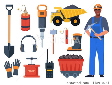Mining coal industry icons, set. Tools and equipment for manufacture, truck and mine, mineral fuel, miner symbol, signs of machinery and dump. Vector illustration. 118910281