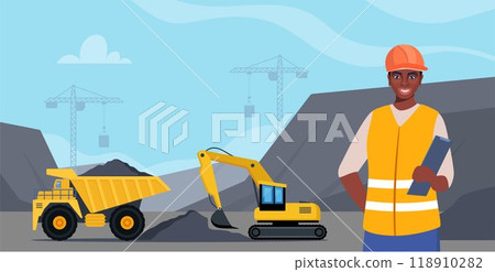 Excavator and dump truck working at coal mine. Open pit mine or quarry, extraction machinery. African American Woman engineer in orange protective helmet on the foreground. Vector illustration. 118910282
