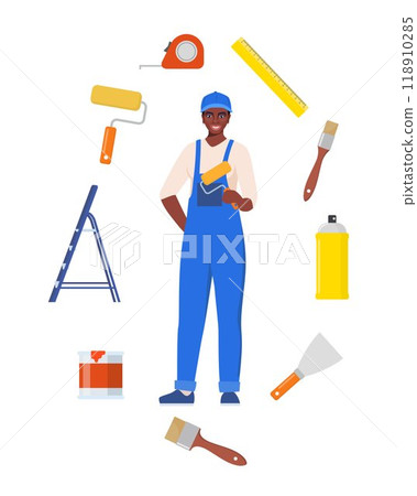 Black woman painter in uniform with paint roller. Set of painting tools, brush, roller. Decorator job, interior renovation service. Vector illustration. Black woman painter in uniform with paint roller. Set of painting tools, brush, roller. Decorator job, interior renovation service. Vector illustration. 118910285