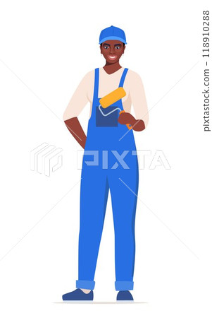 Girl painter. Black woman character in blue uniform. Vector illustration. Girl painter. Black woman character in blue uniform. Vector illustration. 118910288