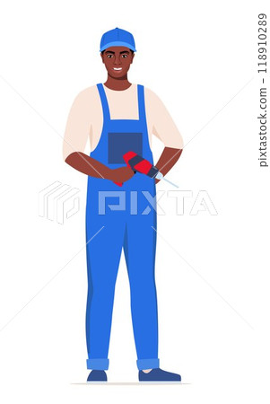 Repairman or mechanic black man character in blue uniform. Vector illustration. 118910289