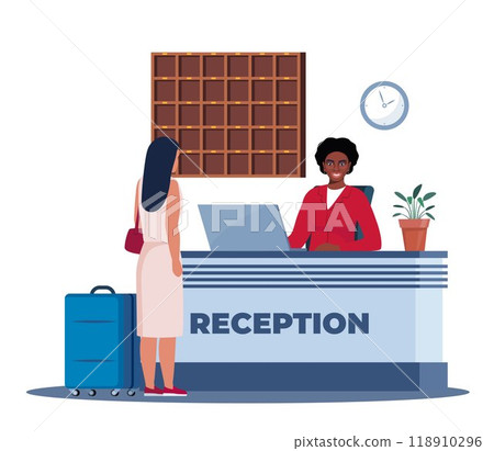 Hotel lobby, reception. Black woman receptionist behind the desk, guest with baggage checking in. Hotel Arriving. Tourism, business trip concept. Interior of inn. Vector illustration. Hotel lobby, reception. Black woman receptionist behind the desk, guest with baggage checking in. Hotel Arriving. Tourism, business trip concept. Interior of inn. Vector illustration. 118910296