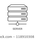 Icon of a server stack representing data storage or networking, with the word server below it. 118910308