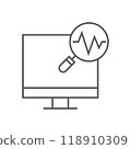 Icon of a computer screen with a magnifying glass showing a heartbeat line, symbolizing system monitoring or data analysis 118910309