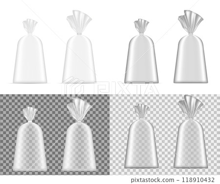 Transparent blank foil or paper packaging. Sachet for bread, coffee, sweets, cookies and gift 118910432