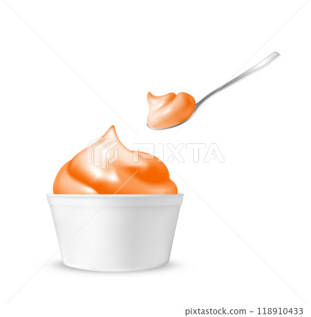 Orange ice cream in a cup with a spoon Orange ice cream in a cup with a spoon 118910433