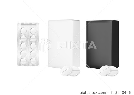 Realistic blister pills and cardboard box 118910466