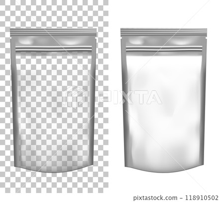 Transparent empty plastic packaging with zipper. Blank foil sachet for food 118910502