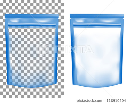 Transparent empty plastic packaging with zipper. Blank foil sachet for food Transparent empty plastic packaging with zipper. Blank foil sachet for food 118910504