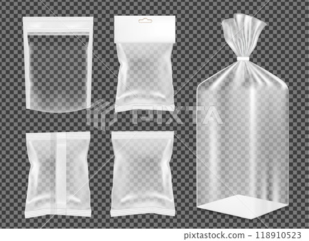 Transparent empty plastic packaging. Blank foil sachet for food and gift Transparent empty plastic packaging. Blank foil sachet for food and gift 118910523