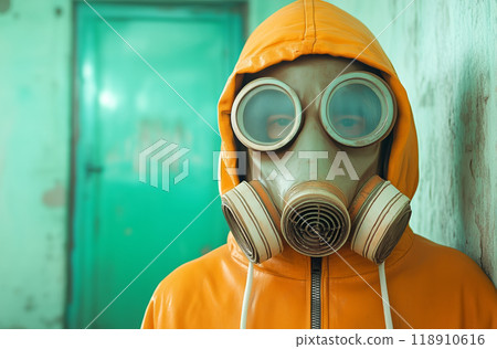 Person in gas mask and orange hoodie in abandoned building 118910616