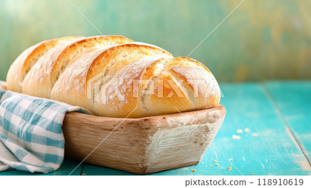 Freshly baked bread in a rustic wooden bowl with a towel 118910619
